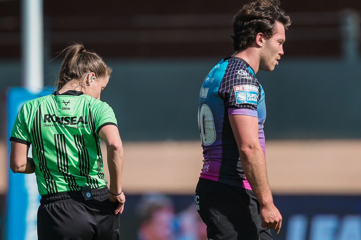 Hull FC forward Yusuf Aydin is shown a red card by referee Tara Jones.