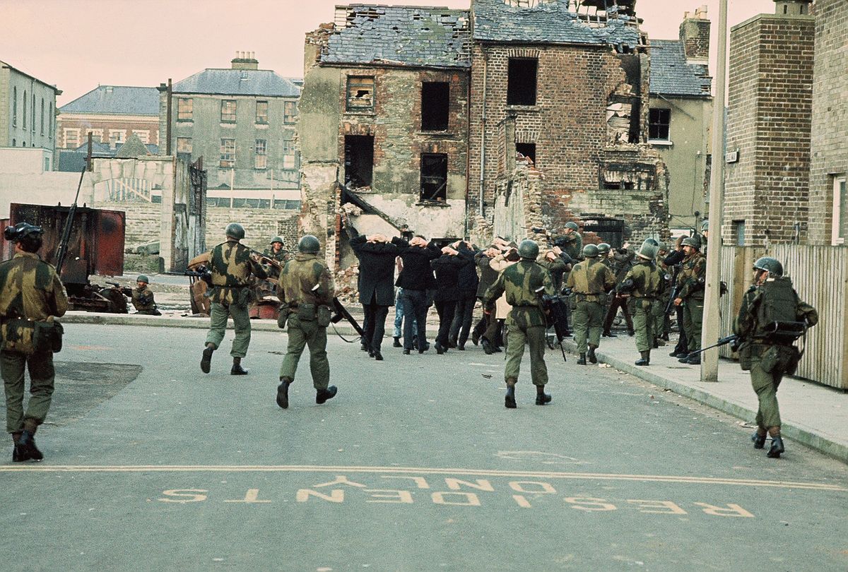 Arrested civilians were marched towards detention in the Bogside Area of Derry by British troops on Bloody Sunday