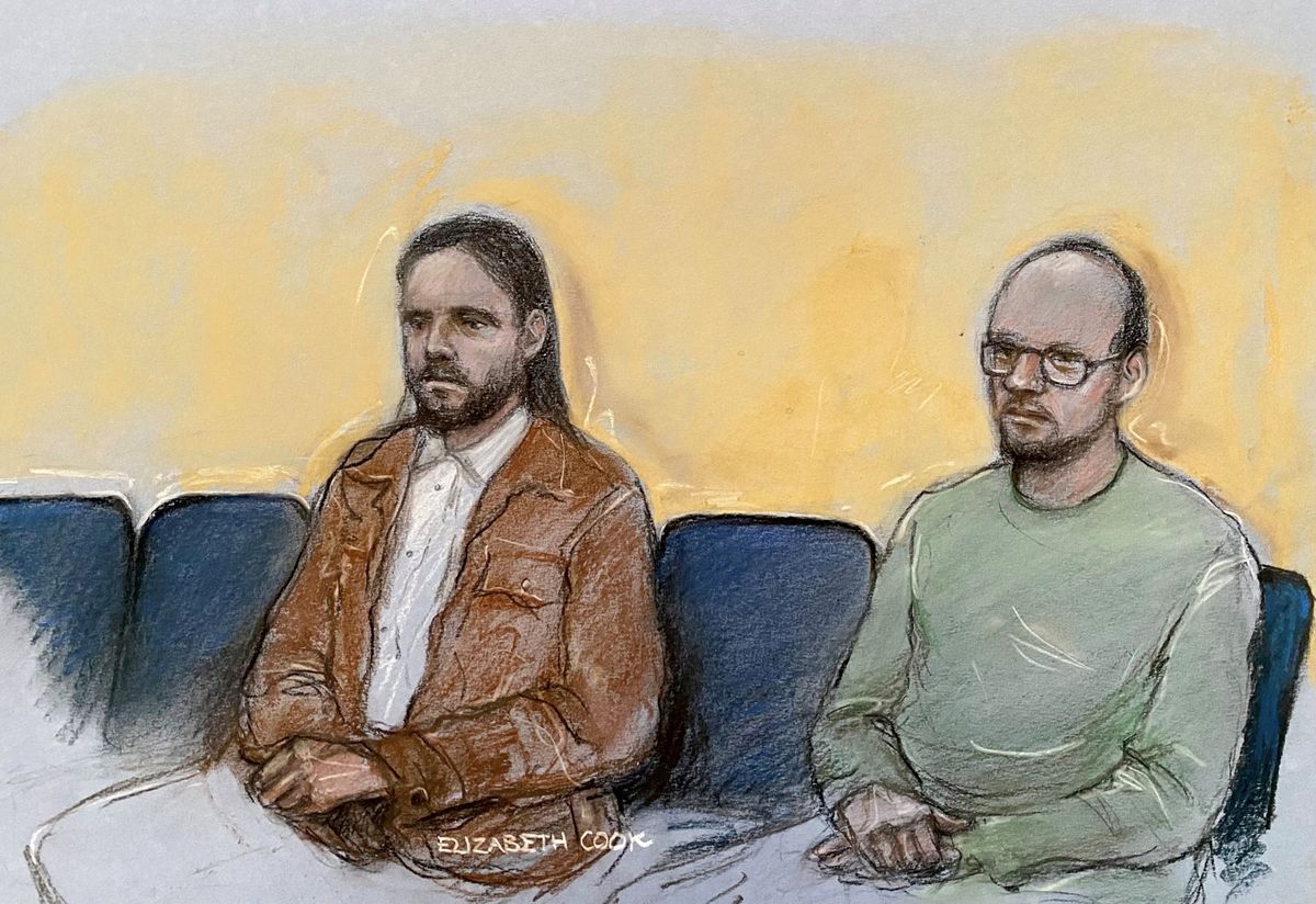 Court artist drawing f Jamie Varley, 36 (left) and co-accused John McGowan-Fazakerley, 31, (right)