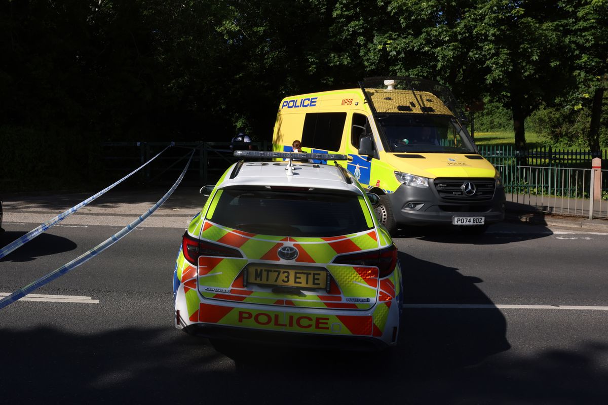 Police on Pottery Lane in Prescot today following a shooting near Stadt Moers Park