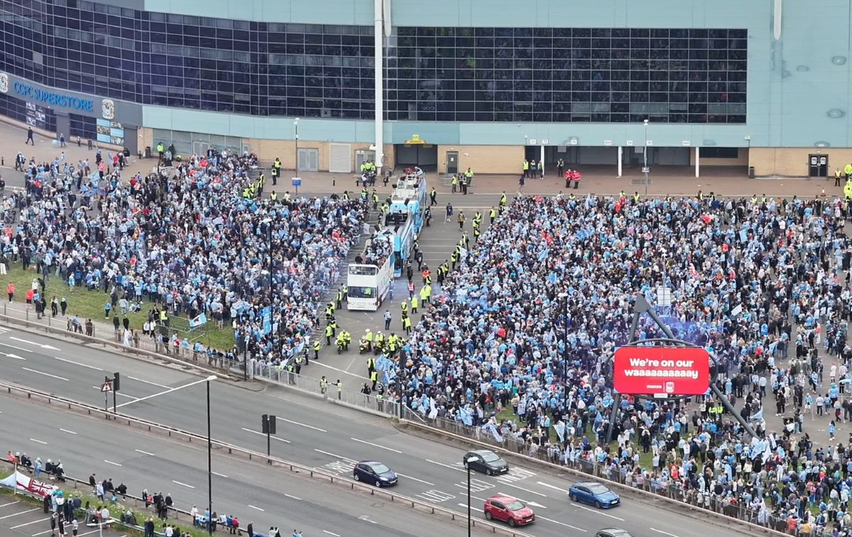 Scenes from the skies above the CBS Arena ahead of the start of the promotion party parade