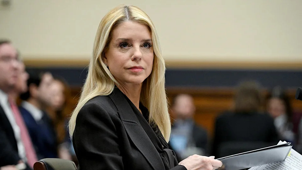Attorney General Pam Bondi seated at a hearing on Capitol Hill in Washington, D.C.