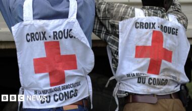 Two individuals are pictured from behind wearing Red Cross tabards.The tabards read "croix-rouge de la republic Democratique du Congo"