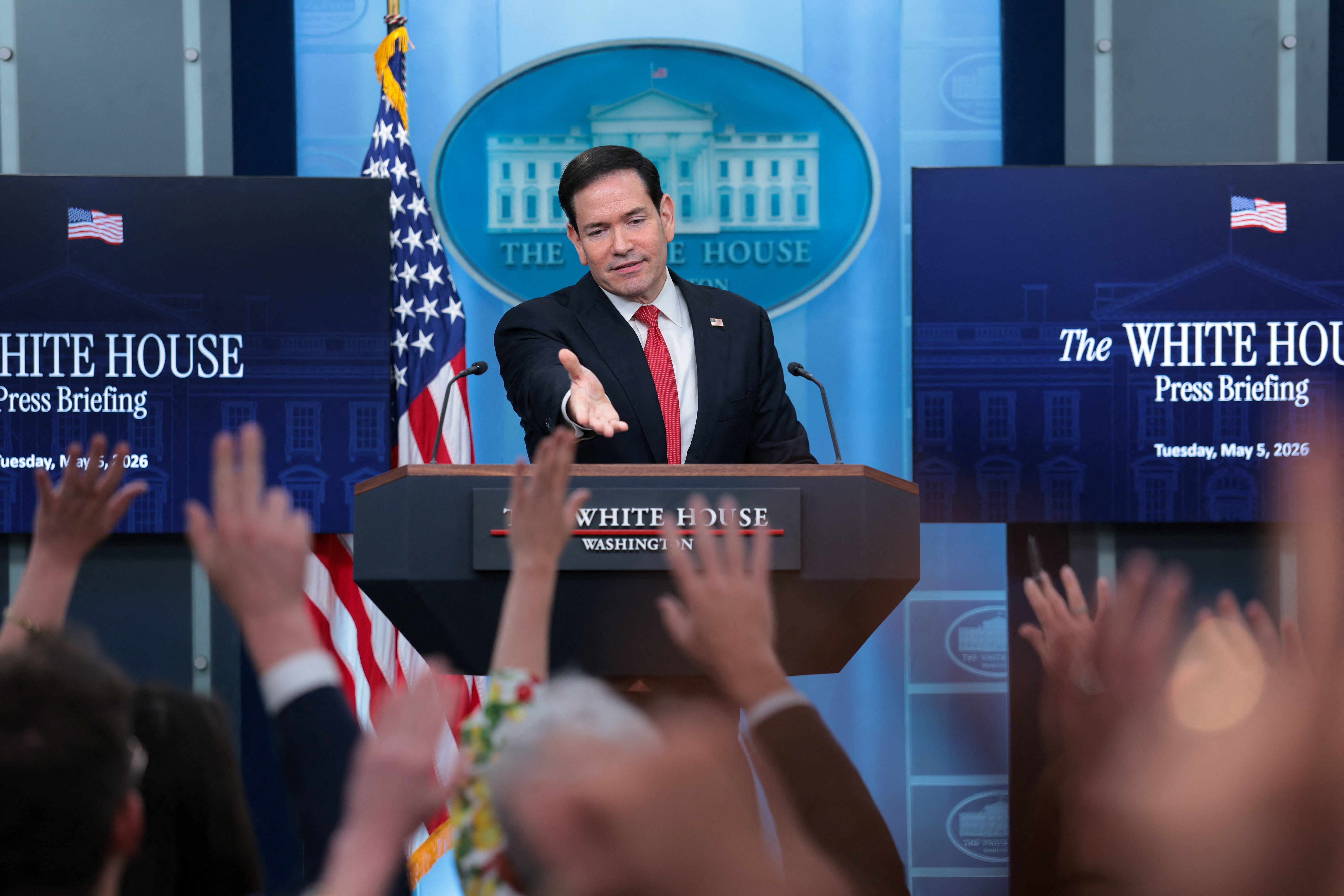 US secretary of state Marco Rubio addresses media on Tuesday, his first time filling in for press secretary Karoline Leavitt, who is on maternity leave