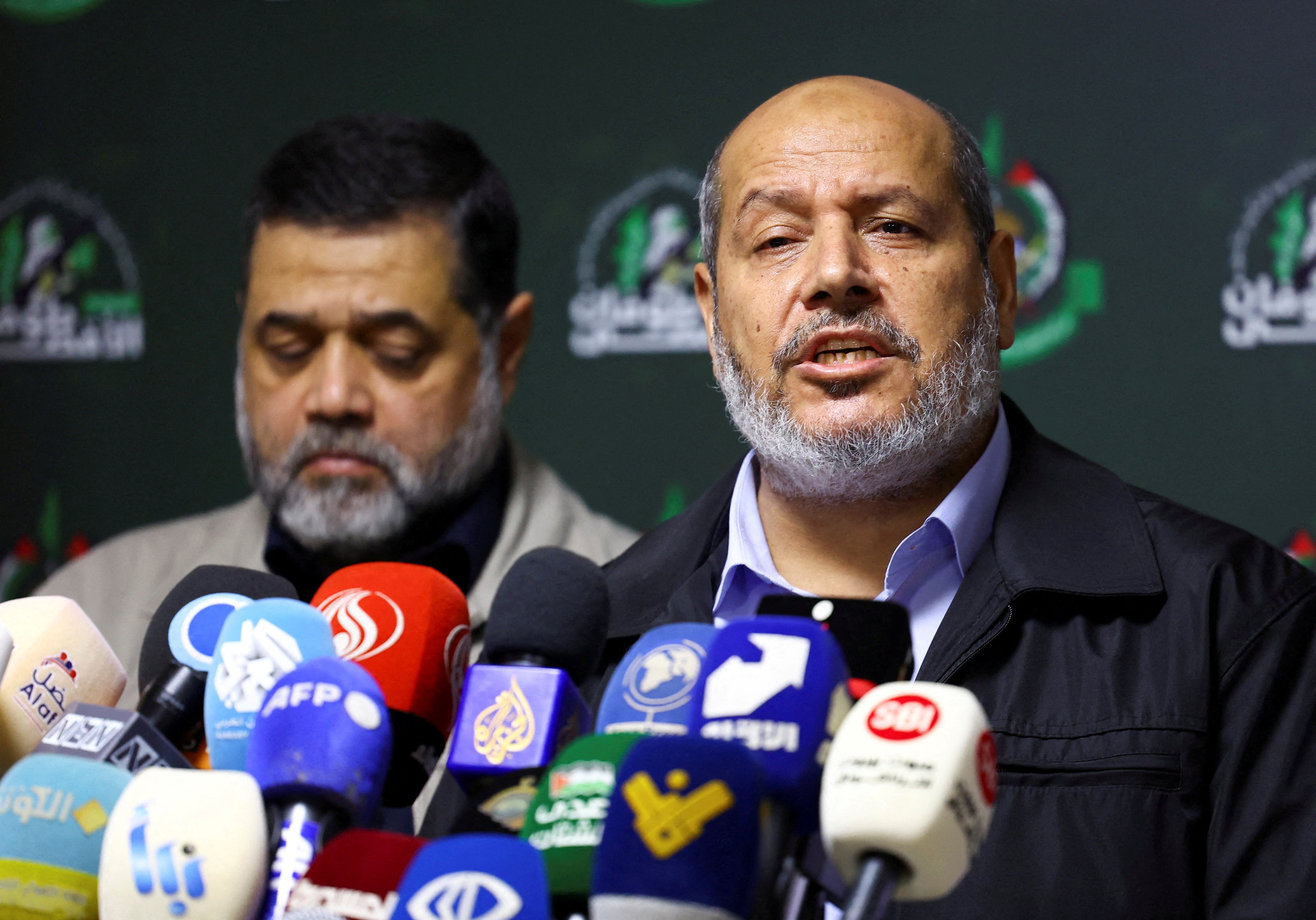Hamas officials, Khalil al-Hayya (right) and Osama Hamdan, at a press conference in November 2023