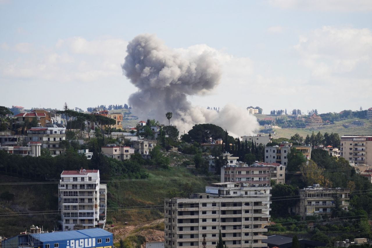 Plumes of smoke billow from Israeli strikes in southern Lebanon, as seen from Nabatieh, Lebanon, on Monday.