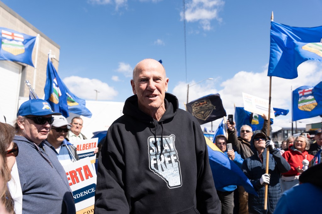 Mitch Sylvestre, leader of Alberta separatists, addresses a rally in Edmonton.