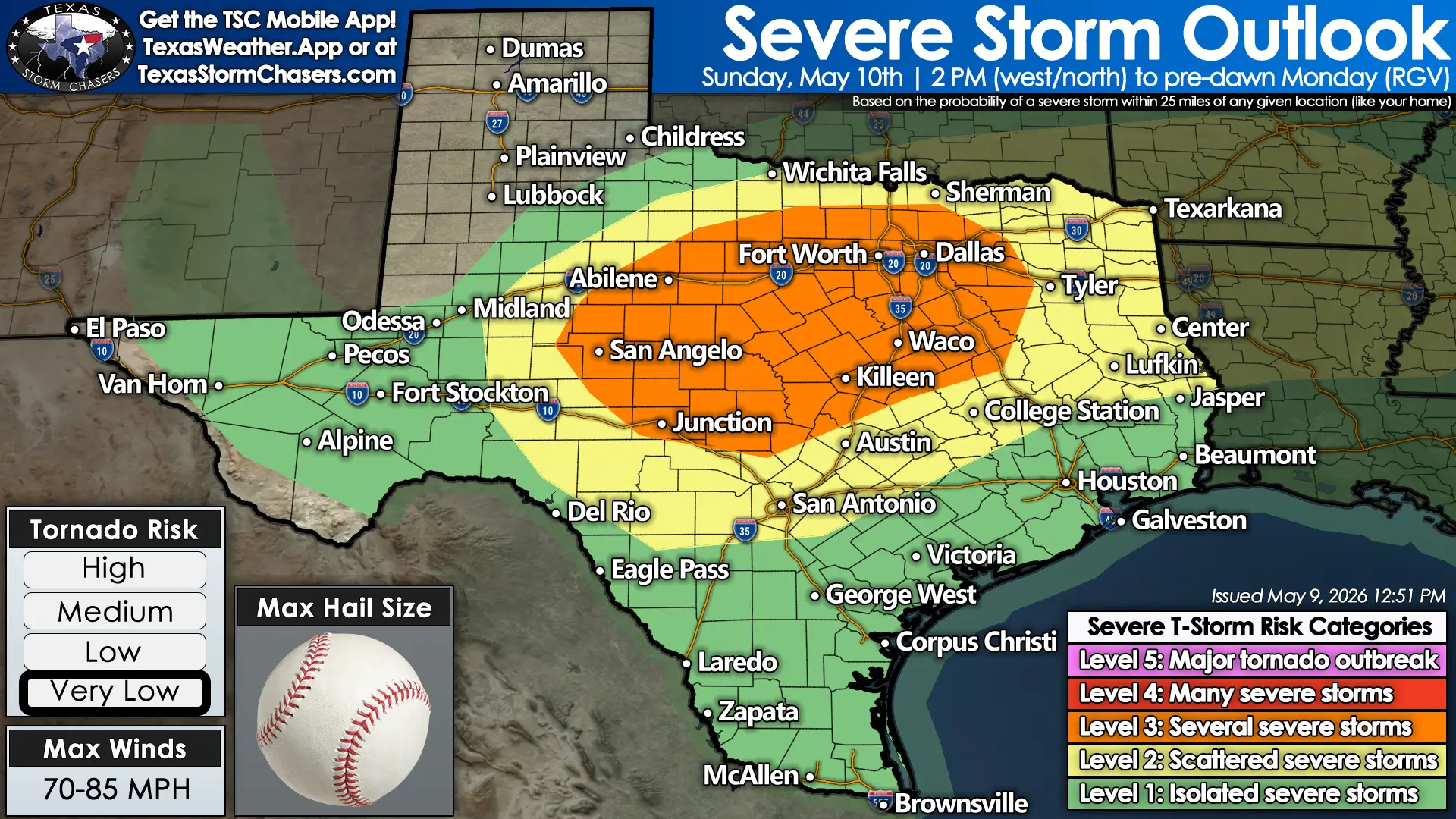Texas severe storm outlook map for Sunday, May 10, showing a Level 3 enhanced severe weather risk across Central and North Texas, surrounded by Level 2 and Level 1 risk areas. The map highlights very large hail potential, damaging winds of 70 to 85 mph, and a very low tornado risk from Sunday afternoon into pre-dawn Monday.