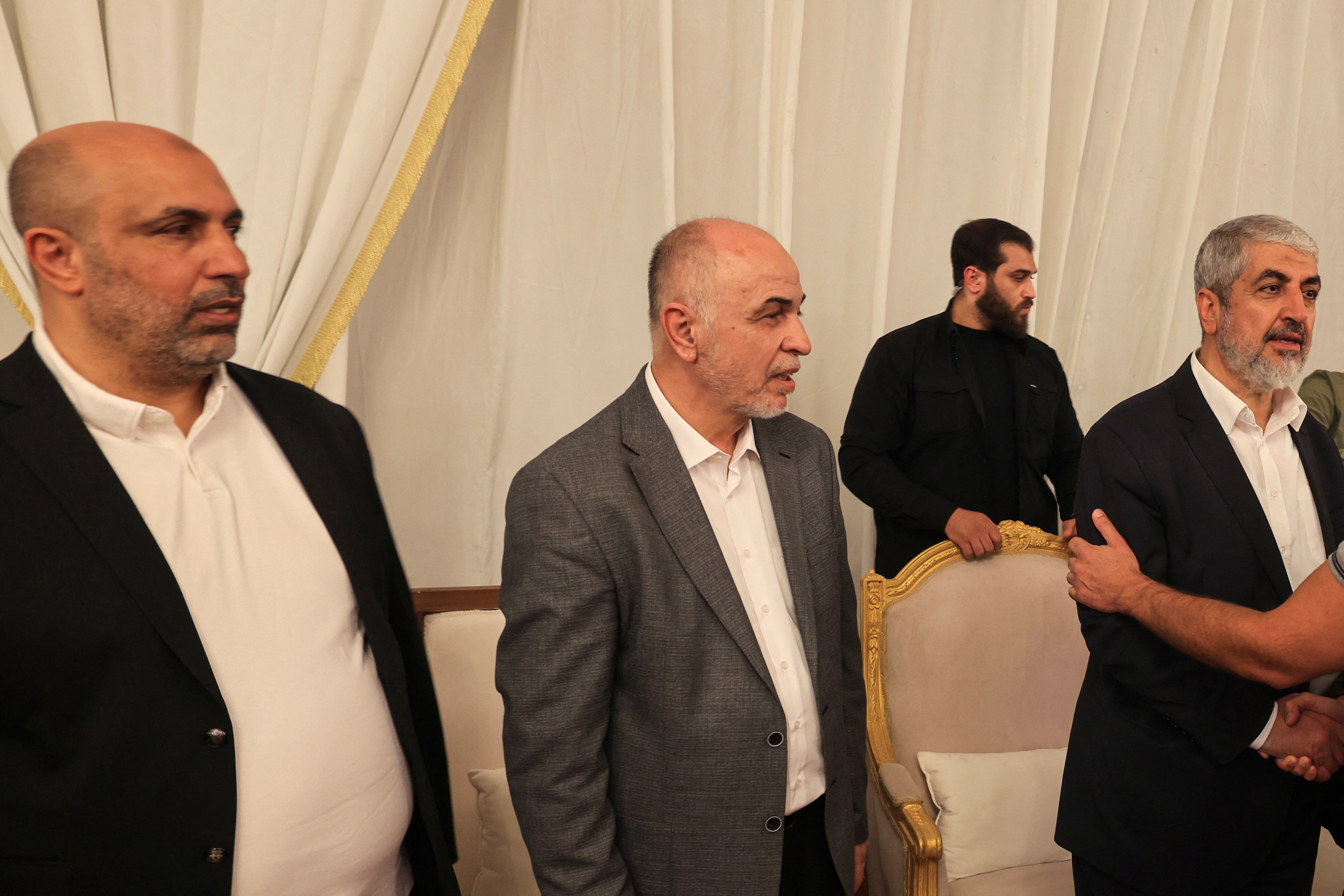 From left (foreground): senior Hamas official Zaher Jabarin; the chair of the group’s consultative council Mohammed Ismail Darwish, known as Abu Omar Hassan; and the Palestinian movement’s senior official Khaled Mashal