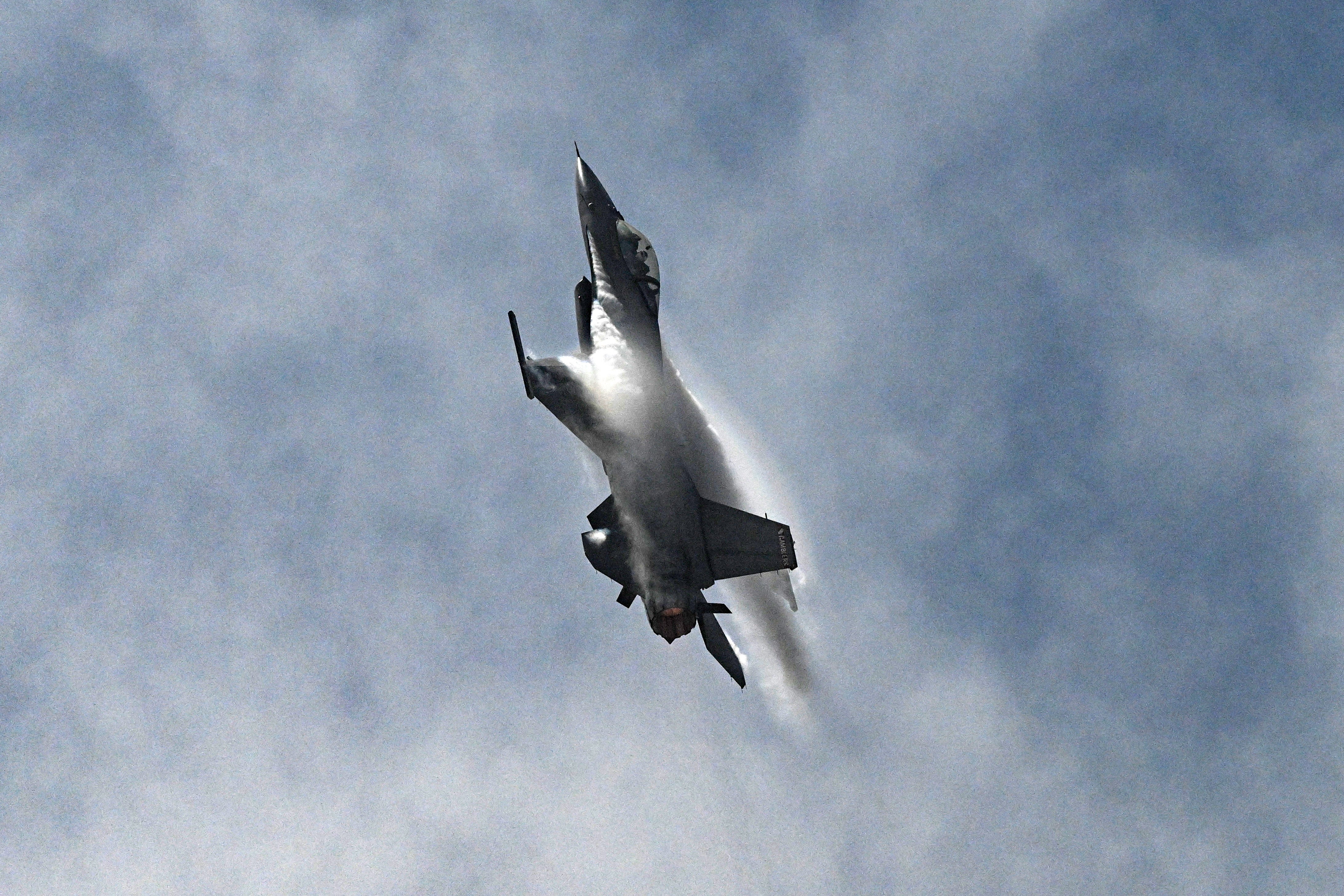 An F-16 fighter jet flies during an exhibition over Las Palmas air base in Lima