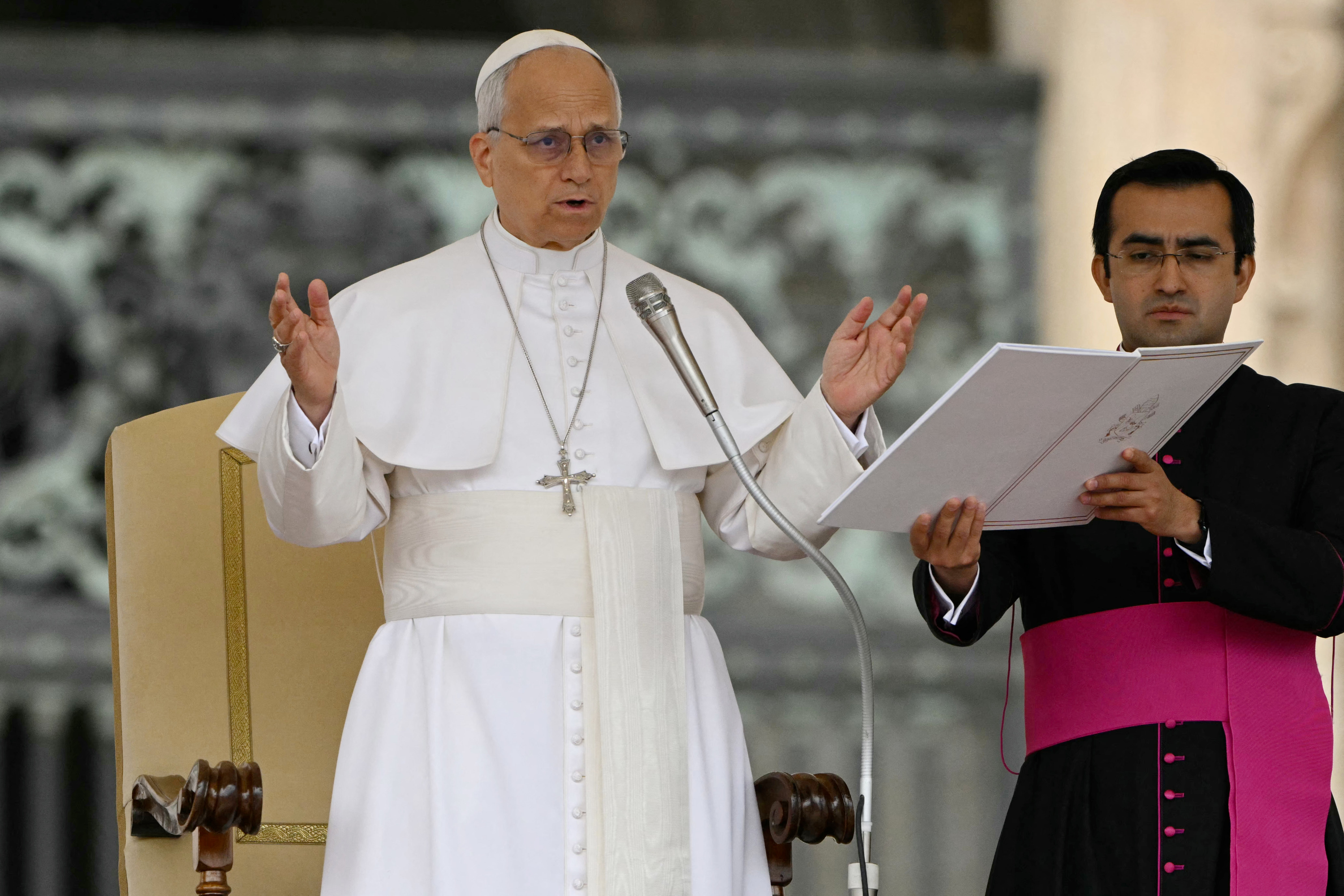Pope Leo XIV addresses the crowd during the weekly general audience at St Peter’s Square, in the Vatican