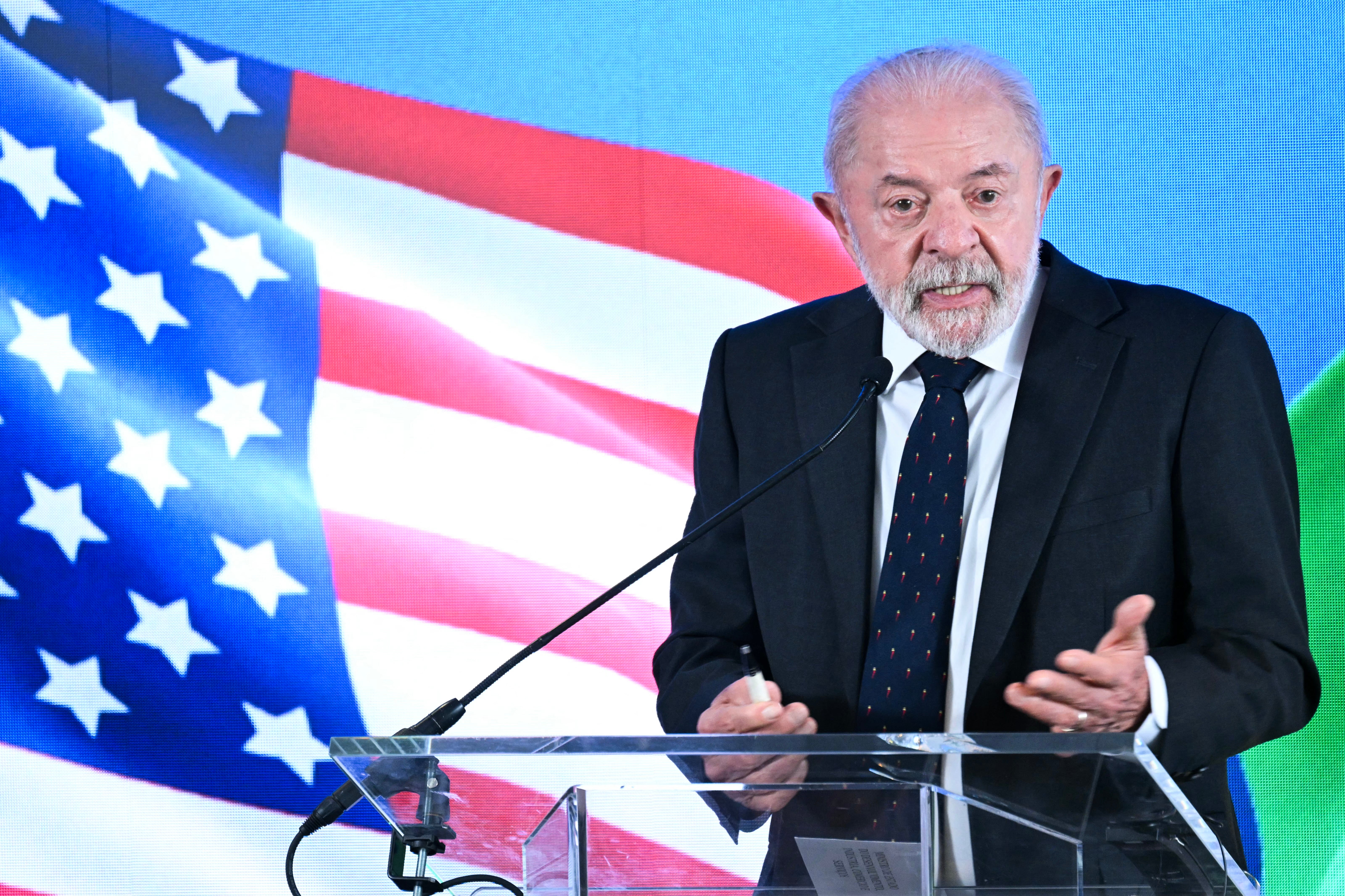 Brazilian President Luiz Inacio Lula da Silva speaks to reporters following his White House meeting with U.S. President Donald Trump, at the Brazilian Embassy in Washington