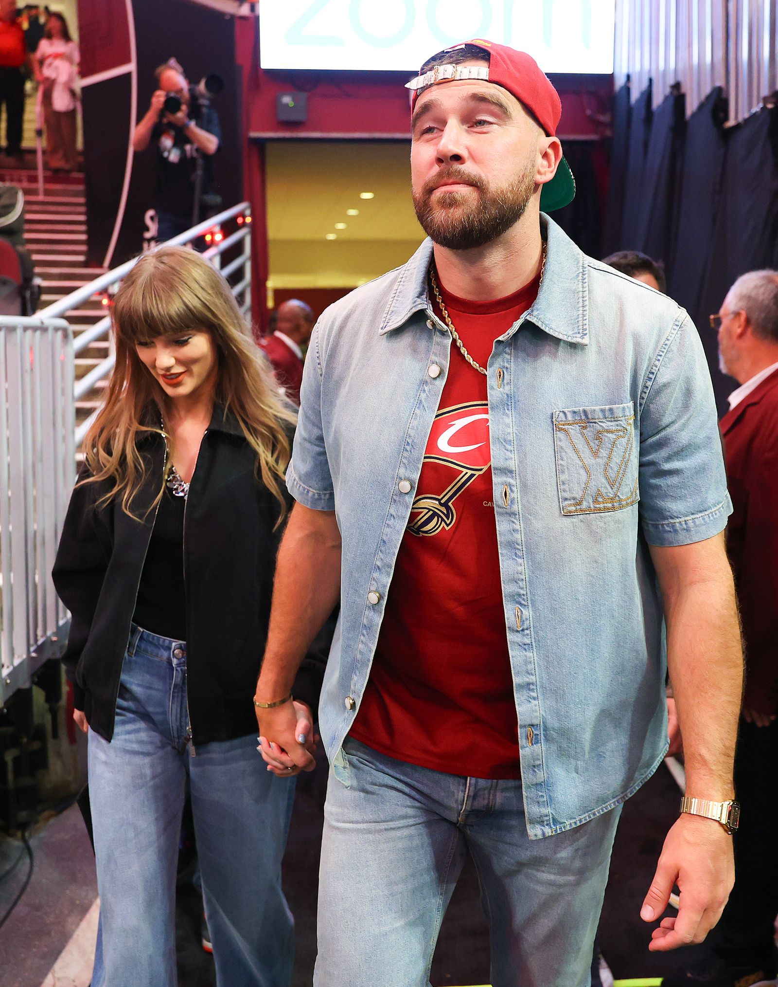 CLEVELAND OHIO MAY 23 Singer Taylor Swift and Travis Kelce of the Kansas City Chiefs attend Game Three between the New...