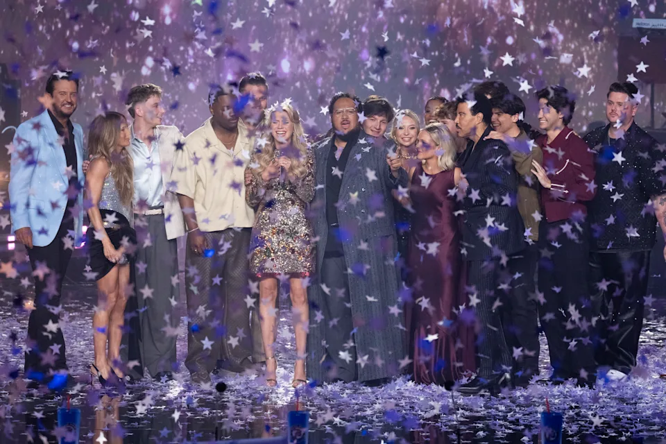 Hannah Harper celebrates onstage at the American Idol 2026 final as confetti falls.