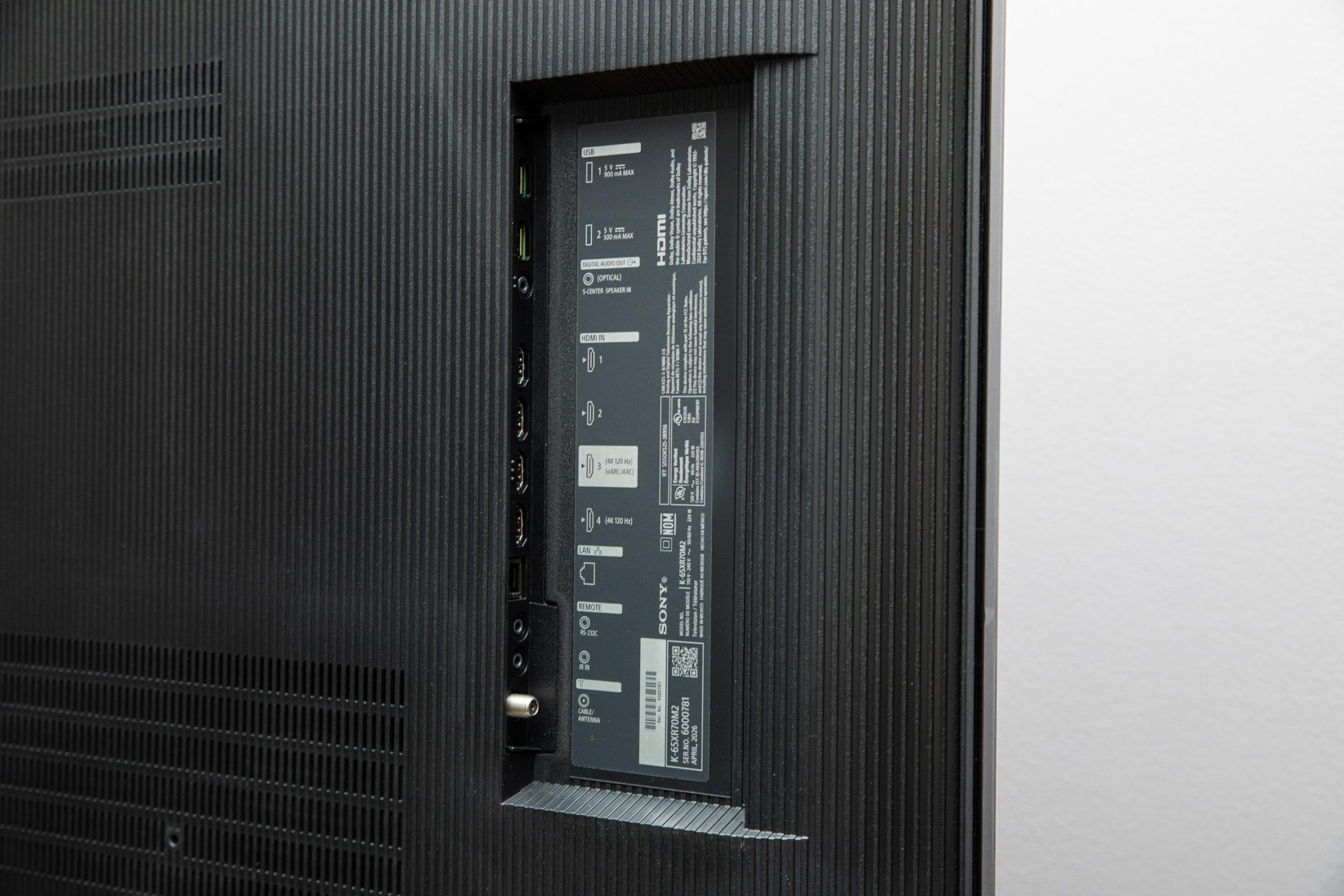 The connections panel on the back of the Sony Bravia 7 II RGB LED TV.