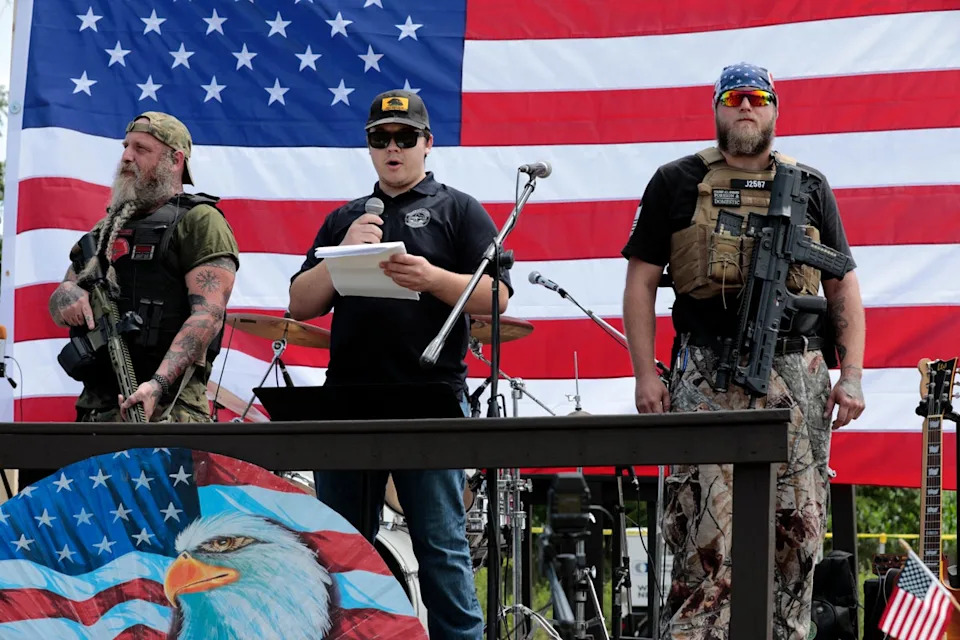 Rittenhouse, pictured center at a Second Amendment rally in 2023, was acquitted of all charges in the 2020 shootings of two protestors (AFP/Getty)