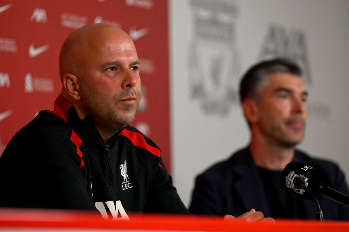 KIRKBY, ENGLAND - JULY 05: (THE SUN OUT, THE SUN ON SUNDAY OUT) Arne Slot new head coach of Liverpool and Richard Hughes sporting director of Liverpool during their first press conference at AXA Training Centre on July 05, 2024 in Kirkby, England. (Photo by Andrew Powell/Liverpool FC via Getty Images)
