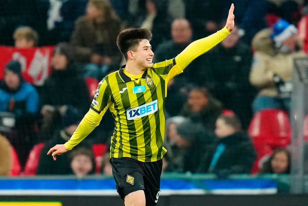 Dastan Satpaev celebrates scoring a goal against Copenhagen in the Champions League