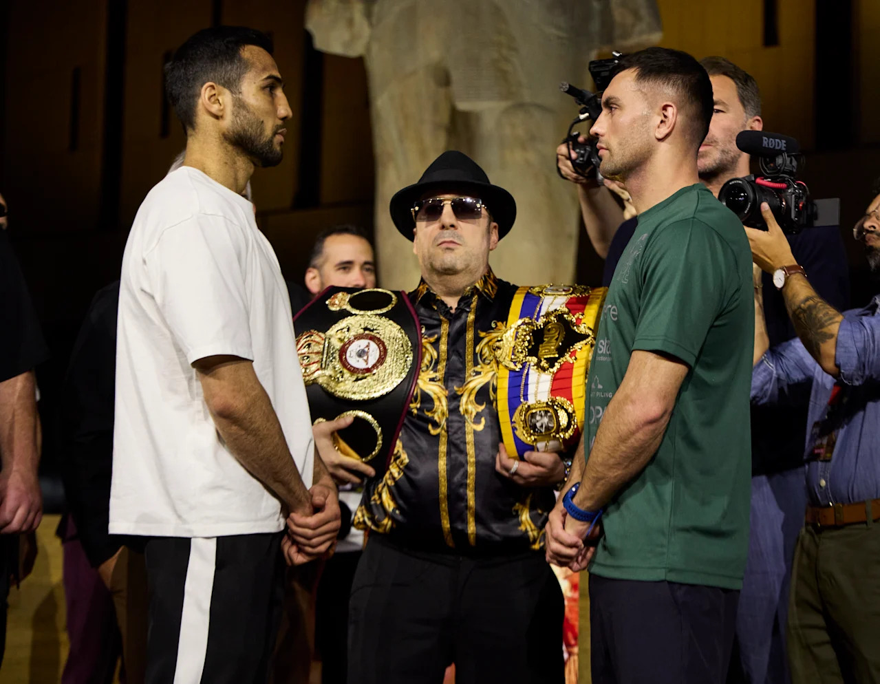 CAIRO, EGYPT - MAY 22: Shakhram Giyasov  and Jack Catterall during the Glory in Giza Weigh In at the Grand Egyptian Museum on May 22, 2026 in Cairo, Egypt.  (Photo by Mark Robinson/Getty Images)