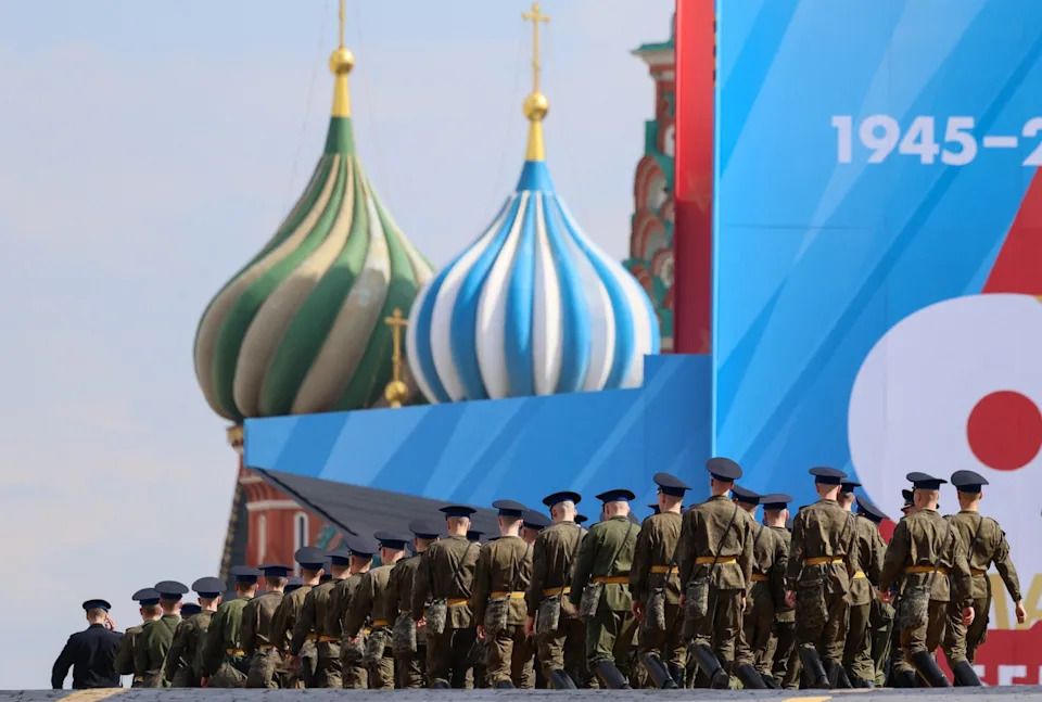 Russian service members rehearse for the flagship Victory Day parade, which has been pared back amid fears over Ukraine's drones