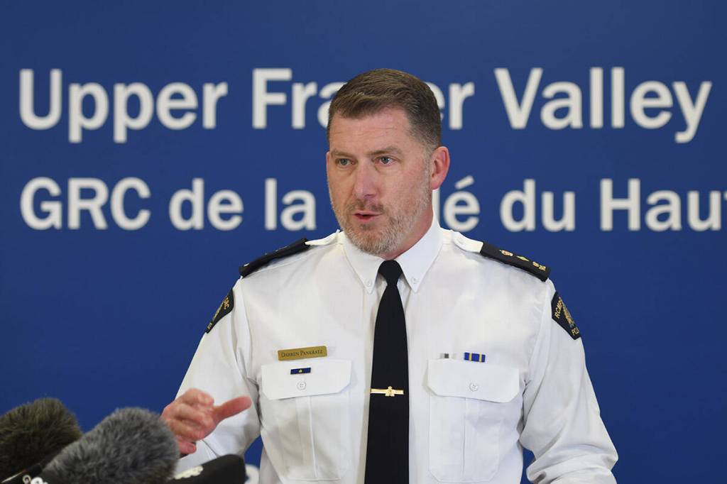 Supt. Darren Pankratz, officer in charge of the Chilliwack RCMP, speaks during a press conference on Friday, May 15, 2026. (Jenna Hauck/ Chilliwack Progress)