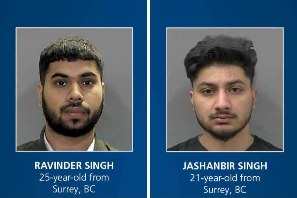Ravinder Singh, 25, is charged with two counts of Conspiracy to commit an Indictable Offence of discharging a firearm, and Jashanbir Singh, 21, has been charged with assault and extortion. (Peel Regional Police)