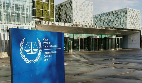 The entrance to the International Criminal Court's tribunal, The Hague, Netherlands, 2025.