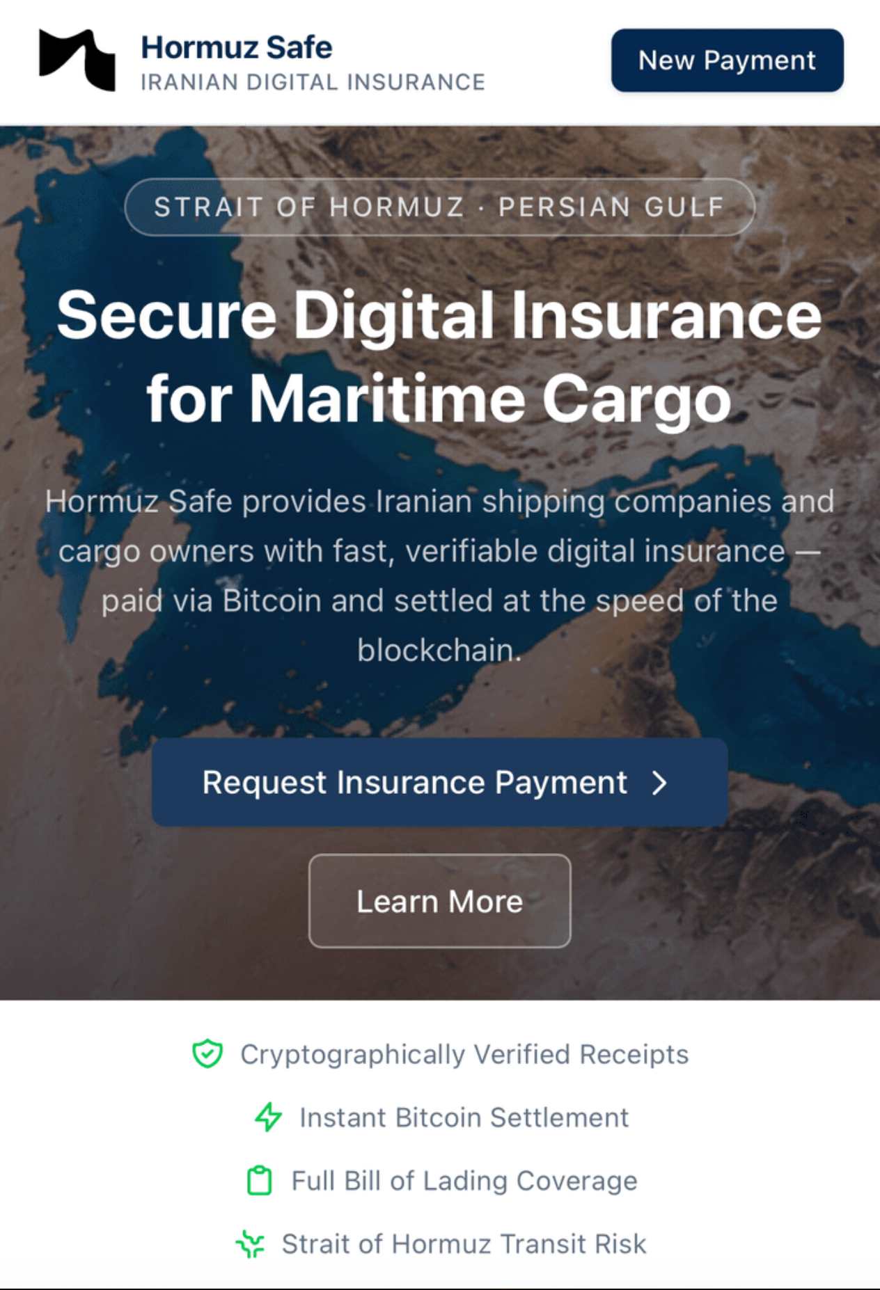 A screenshot of a website called Hormuz Safe.