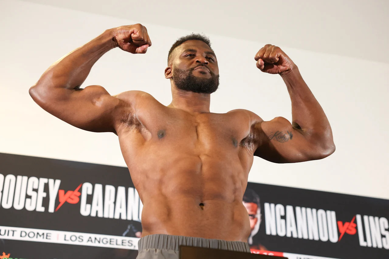 Cameroonian-French Mixed Martial Arts (MMA) fighter Francis Ngannou weighs in during the official weigh-in ahead of the Most Valuable Promotions (MVP) and Netflix Professional MMA fight in Manhattan Beach, California on May 15, 2026. (Photo by Patrick T. Fallon / AFP via Getty Images)