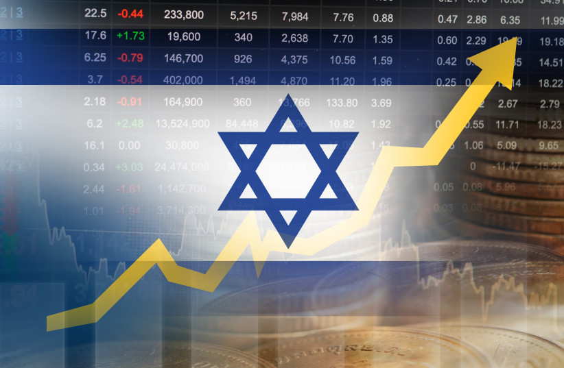 Israel flag with stock market finance, economy trend graph digital technology.