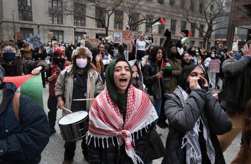 Pro- Palestine demonstrators rally outside of City Hall after the City Council passed a symbolic resolution calling for a cease-fire in the war between Israel and Hamas on Jan. 31, 2024, in Chicago.