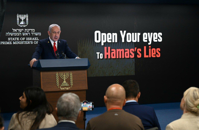 Prime Minister Benjamin Netanyahu speaks to international media on the Gaza war, in Jerusalem, August 10, 2025
