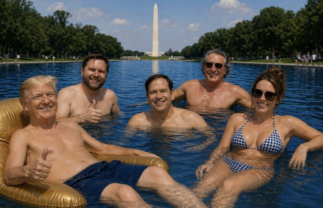 Trump lounging in the Lincoln Memorial pool with JD Vance, Marco Rubio, Doug Burgham and an unidentified woman in an AI-generated image.