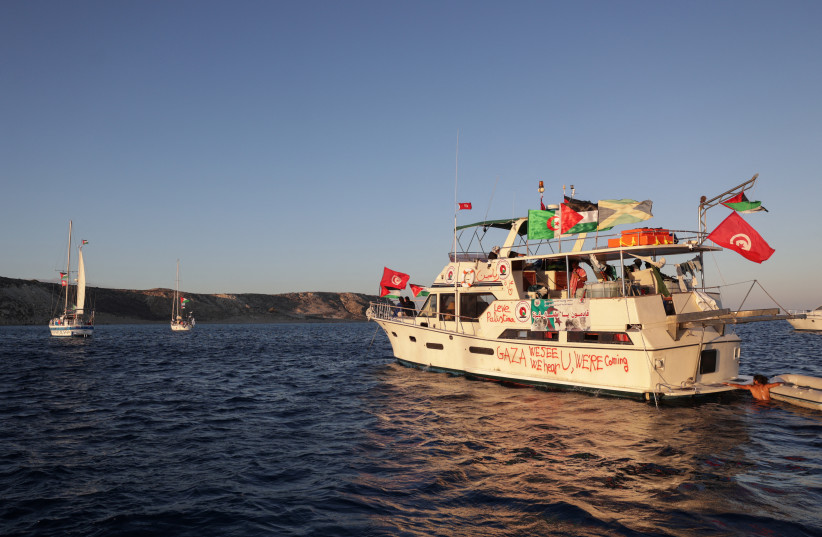 Boats, part of the Global Sumud Flotilla aiming to reach Gaza and break Israel's naval blockade, sail off Koufonisi islet, Greece, September 26, 2025.