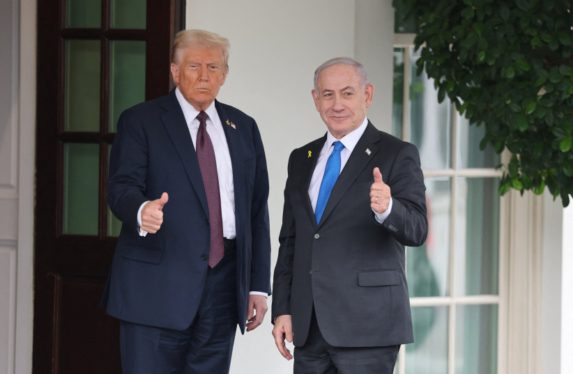US President Donald Trump and Israeli Prime Minister Benjamin Netanyahu give thumbs-up at the White House in Washington, DC, US, September 29, 2025.