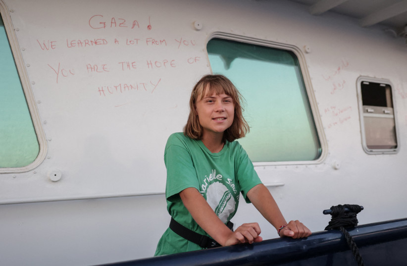 Greta Thunberg talks to Reuters aboard a ship, part of the Global Sumud Flotilla aiming to reach Gaza and break Israel's naval blockade, as they sail off Crete island, Greece, September 25, 2025.