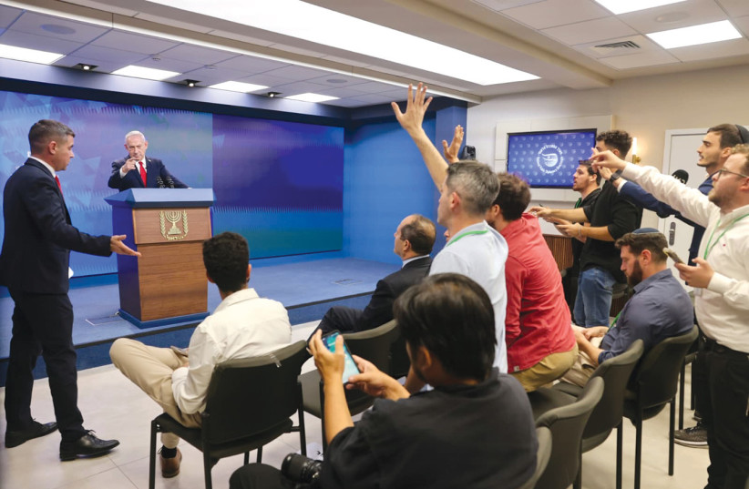 Prime Minister Benjamin Netanyahu holds a rare press conference in Jerusalem on September 16, 2025.