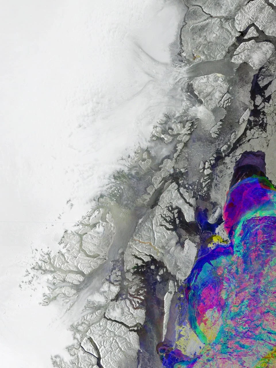 The white in the image represents stable ice, while grey shows ice that has very little to no change. The colors centered in the water "show visible changes in type and cover of the constantly moving sea ice."