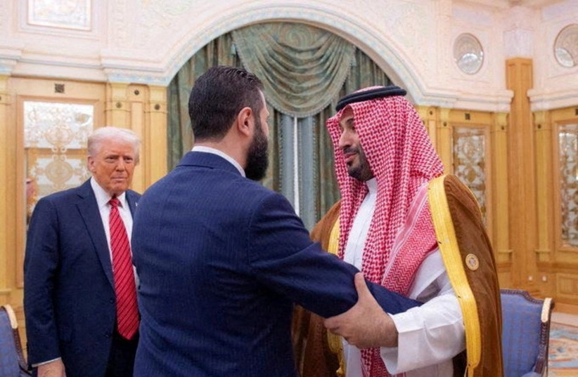 Syrian President Ahmed al-Sharaa meets with U.S. President Donald Trump and Saudi Crown Prince Mohammed Bin Salman in Riyadh, Saudi Arabia/
