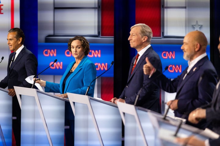 From left to right, Antonio Villaraigosa, Katie Porter, Tom Steyer and Steve Hilton participate in a California gubernatorial debate hosted by CNN at East Los Angeles College in Monterey Park, Calif. Tuesday, May 5, 2026. (AP Photo/Ethan Swope)