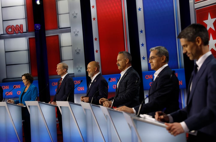 California gubernatorial candidates former U.S. Rep. Katie Porter (D-CA), Businessman Tom Steyer, businessman Steve Hilton, Riverside County Sheriff Chad Bianco, former U.S. Secretary of Health and Human Services Xavier Becerra, San Jose Mayor Matt Mahan look on during a CNN California Governor Primary Debate at East Los Angeles College on May 05, 2026 in Monterey Park, California. (Photo by Justin Sullivan/Getty Images)