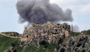 Smoke rises from Israeli bombardment on the village of Yohmor in southern Lebanon behind the 12th century Crusader-era Beaufort (Belfort) Castle, known locally as Qalat al-Shaqif or Shaqif Arnun, as seen from nearby Marjeyoun (Marjayoun) on May 6, 2026.
