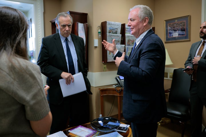Democratic Sens. Chris Van Hollen (Md.) (R) and Jeff Merkley (Ore.) speak before a news conference on their trip to the Middle East at the U.S. Capitol on Sept. 11, 2025 in Washington. Van Hollen penned an essay in The New York Times on May 26, 2026, warning the Democratic Party that it must correct its failings and condition support for Israel to further a two-state solution if it expects to win the presidency in 2028.
