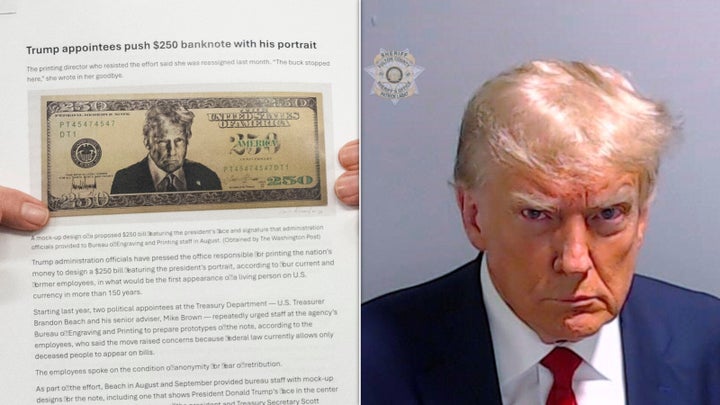 President Donald Trump's approach to his portrait in his second term — as seen in mock-ups for a proposed $250 bill featuring his face — bears a strong resemblance to his mug shot from 2023.