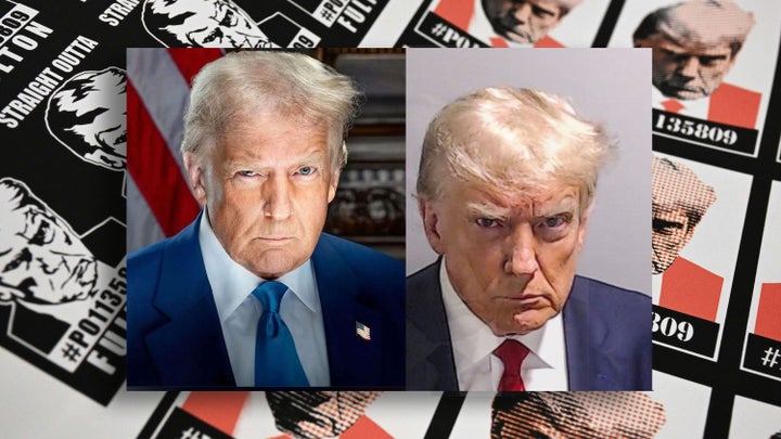 Trump's portrait as the 47th president of the United States alongside his 2023 Fulton County mug shot.