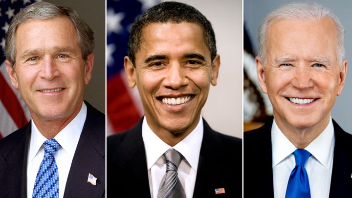 Portraits of former Presidents (from left) George W. Bush, Barack Obama and Joe Biden are more in line with the norms.