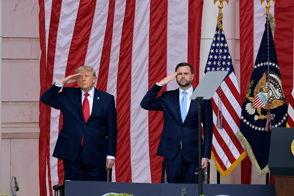 Rod Lamkey/AP Photo/Rod Lamkey - PHOTO: President Donald Trump and Vice President JD Vance, salute during the Memorial Day ceremony at Arlington National Cemetery, May 25, 2026, in Arlington, Va.