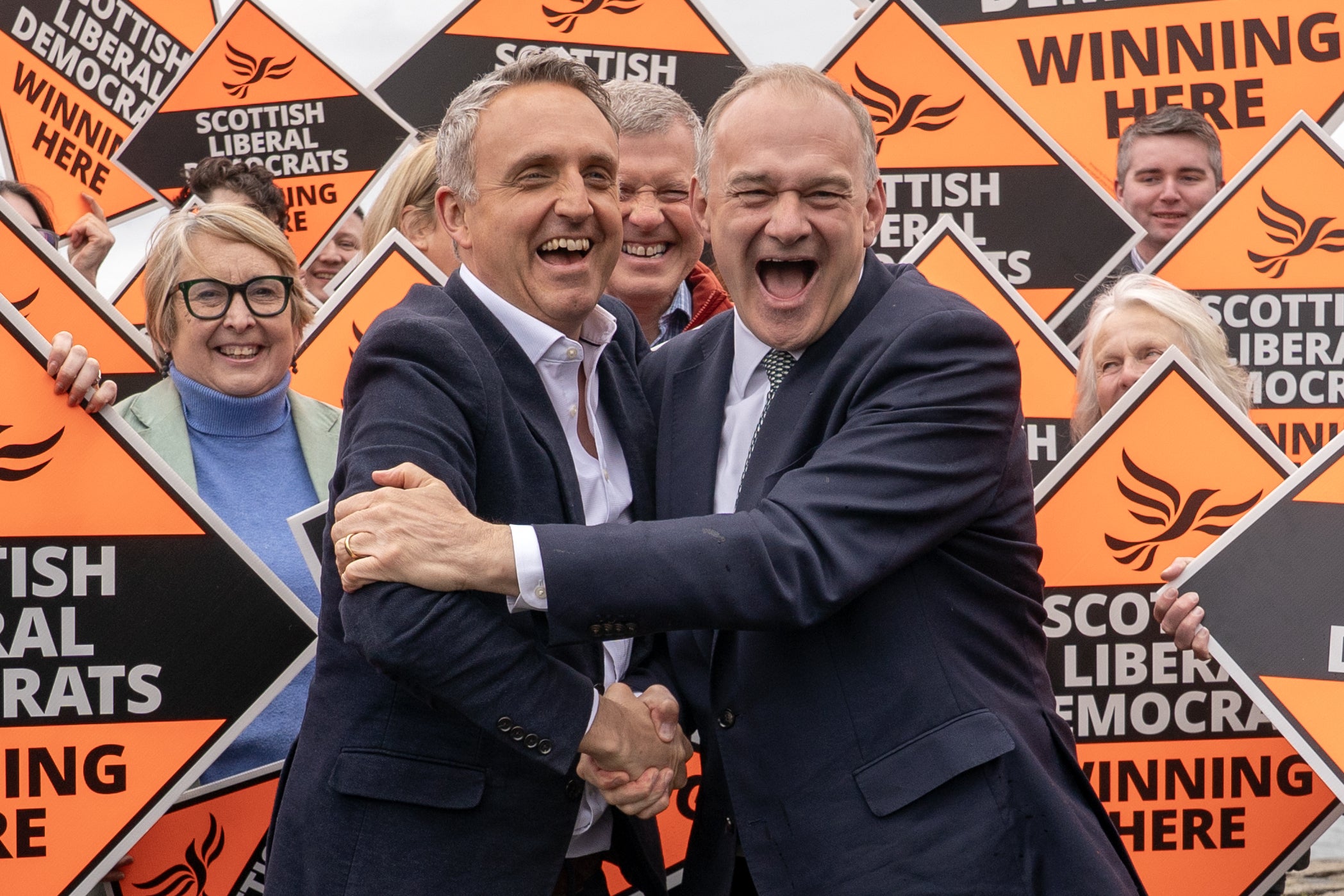 Scottish Liberal Democrat leader Alex Cole-Hamilton (left) joined by Liberal Democrat leader Ed Davey (right) at Newhaven Edinburgh