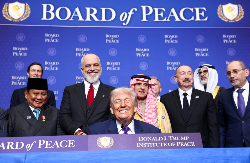 US President Donald Trump, Indonesia’s President Prabowo Subianto, Albania’s PM Edi Rama, Saudi Foreign Minister Adel Al-Jubeir, Azerbaijani President Ilham Aliyev, and Jordan’s Foreign Minister Ayman Safadi at the inaugural Board of Peace meeting, US Institute of Peace, Washington DC, February 2026
