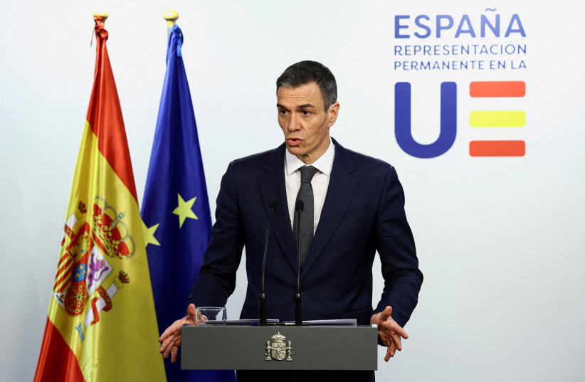 Spanish Prime Minister Pedro Sanchez speaks during a press conference after attending a special summit of European Union leaders to discuss transatlantic relations following U.S. President Donald Trump's threats to impose new tariffs on goods from a list of EU countries over his demands